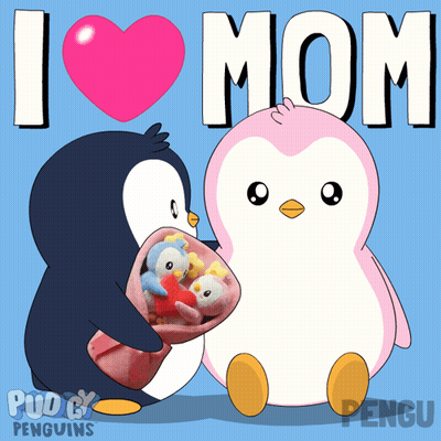 A Penguin Is Holding A Bouquet Of Stuffed Animals Next To Another Penguin That Says " I Love Mom " GIF