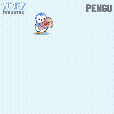 A Penguin Is Holding A Bouquet Of Stuffed Penguins And The Name Pengu Is On The Bottom Right GIF
