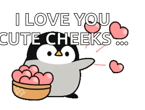 A Penguin Is Holding A Bowl Of Pink Hearts And Says I Love You Cute Cheeks GIF
