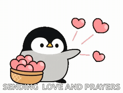 A Penguin Is Holding A Bowl Of Pink Hearts And Sending Love And Prayers GIF