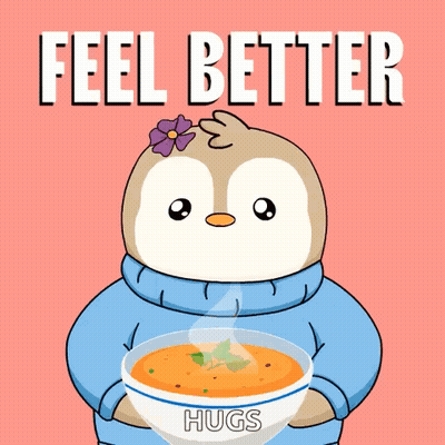 A Penguin Is Holding A Bowl Of Soup With The Words Feel Better Hugs Below It GIF