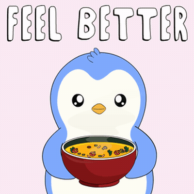 A Penguin Is Holding A Bowl Of Soup With The Words Feel Better Written Above It GIF