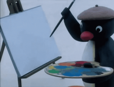 A Penguin Is Holding A Brush In Front Of A White Board GIF