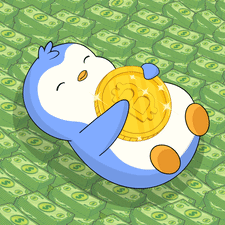 A Penguin Is Holding A Coin With The Letter B On It In Front Of A Pile Of Money GIF