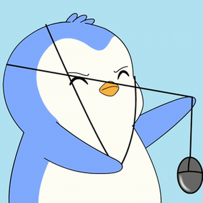 A Penguin Is Holding A Computer Mouse With A String Around His Neck GIF