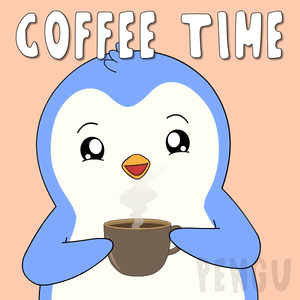 A Penguin Is Holding A Cup Of Coffee And The Words Coffee Time Are Above It GIF