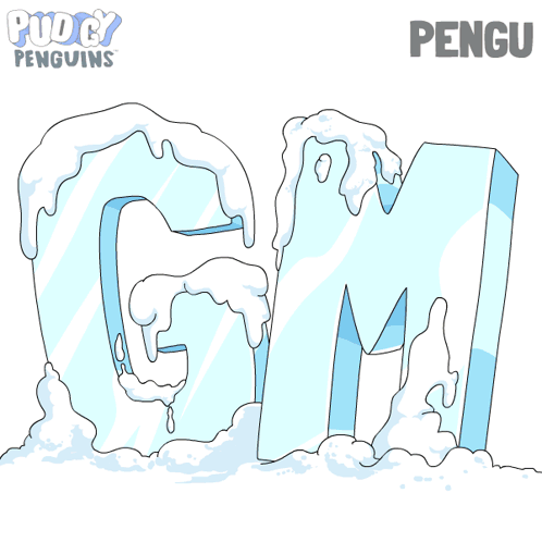 A Penguin Is Holding A Cup Of Coffee In Front Of A Giant Letter M GIF