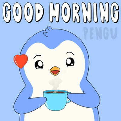 A Penguin Is Holding A Cup Of Coffee With The Words Good Morning Written Above It GIF
