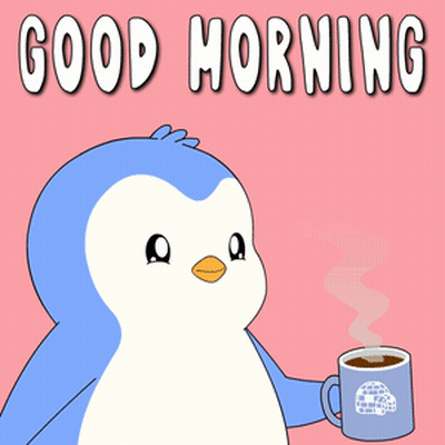 A Penguin Is Holding A Cup Of Coffee With The Words Good Morning Written Above It GIF