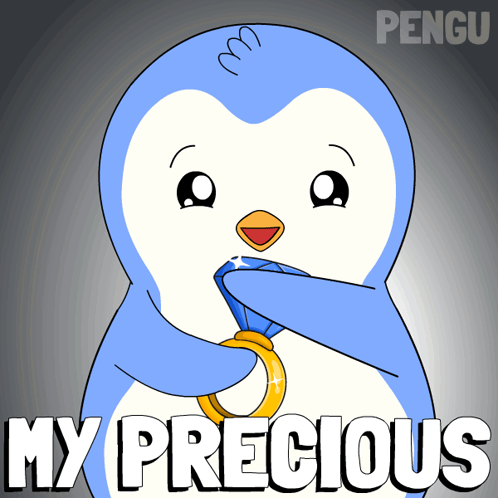 A Penguin Is Holding A Diamond In Its Mouth And The Words My Precious Are Below It GIF