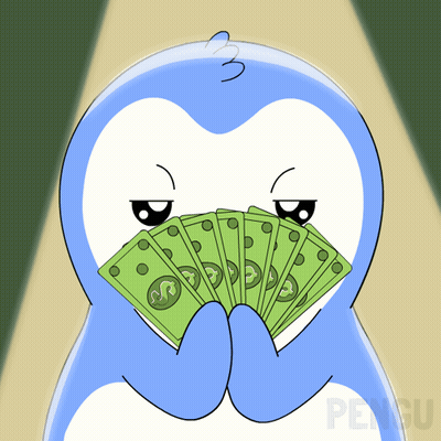 a penguin is holding a fan of money in front of his face