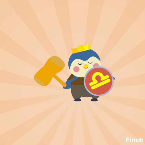 A Penguin Is Holding A Hammer And A Shield With A Libra Sign GIF