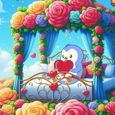 A Penguin Is Holding A Heart In A Bed With Roses GIF