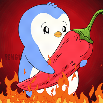 A Penguin Is Holding A Large Red Pepper With Flames Behind It GIF