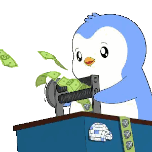 A Penguin Is Holding A Machine That Is Throwing Money In The Air Sticker