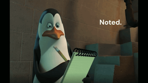 A Penguin Is Holding A Notebook And A Pencil And The Words Noted Are Above Him GIF