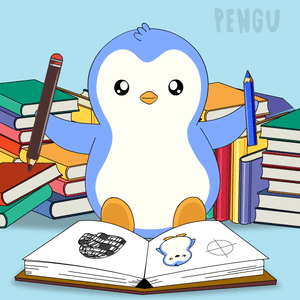 A Penguin Is Holding A Pencil In Front Of A Stack Of Books GIF