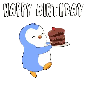 A Penguin Is Holding A Piece Of Cake And The Words Happy Birthday Are Above It Sticker