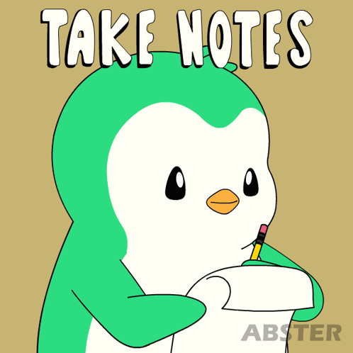 A Penguin Is Holding A Piece Of Paper With A Pencil In Its Beak And The Words Take Notes Above It GIF