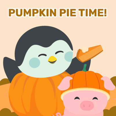 A Penguin Is Holding A Piece Of Pumpkin Pie Next To A Pig And A Pumpkin GIF