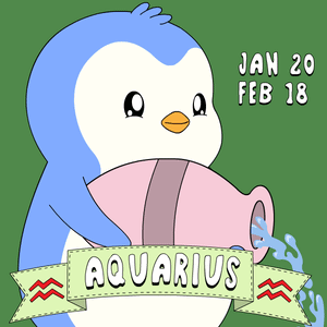 A Penguin Is Holding A Pink Vase With The Word Aquarius On A Green Background GIF