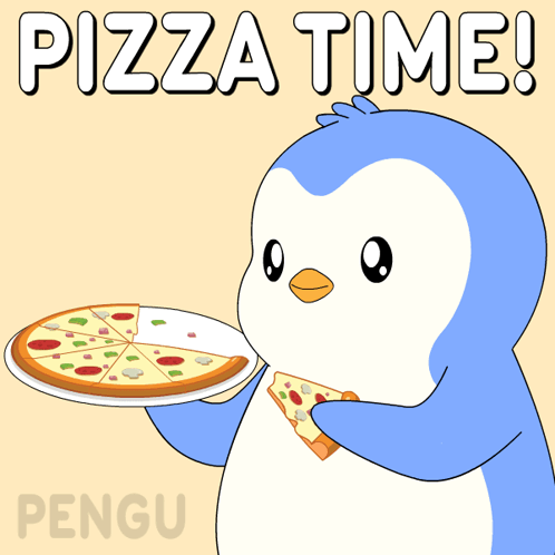 A Penguin Is Holding A Plate Of Pizza With The Words Pizza Time Behind It GIF