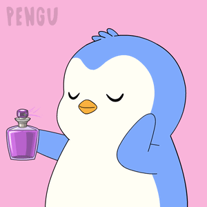 A Penguin Is Holding A Purple Bottle Of Perfume And The Word Pengu Is On The Bottom GIF
