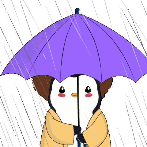 A Penguin Is Holding A Purple Umbrella While Standing In The Rain Sticker