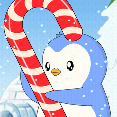 A Penguin Is Holding A Red And White Candy Cane GIF