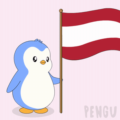 A Penguin Is Holding A Red And White Flag And The Word Pengu Is On The Bottom GIF
