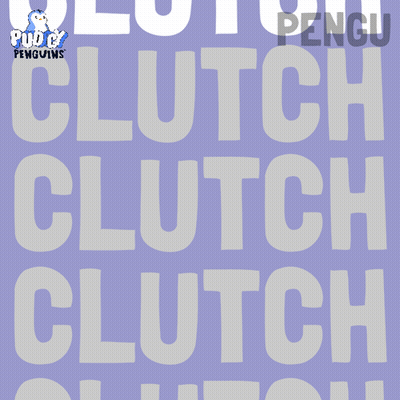 A Penguin Is Holding A Red Basketball In Front Of A Purple Background That Says Clutch GIF