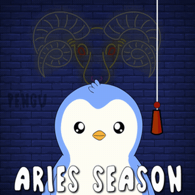 A Penguin Is Holding A Red Cone In Front Of A Sign That Says " Aries Season " GIF
