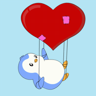 A Penguin Is Holding A Red Heart With A Pink Patch On It GIF