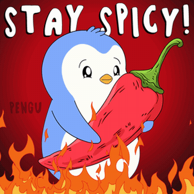 A Penguin Is Holding A Red Pepper With The Words " Stay Spicy " Written Above It GIF