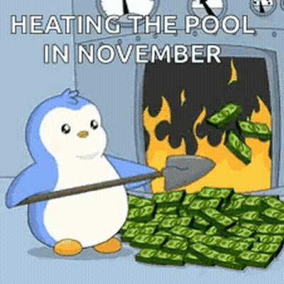 A Penguin Is Holding A Shovel In Front Of A Pool Of Money . GIF