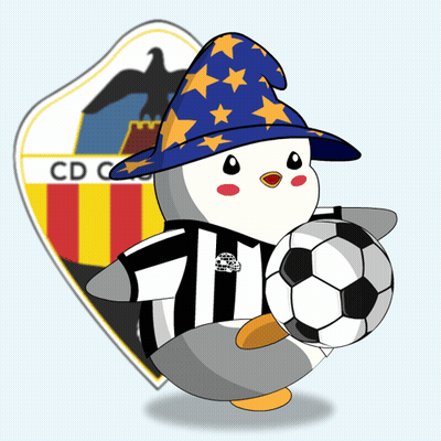 A Penguin Is Holding A Soccer Ball In Front Of A Cd Emblem GIF