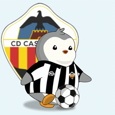 A Penguin Is Holding A Soccer Ball In Front Of A Crest That Says Cd Cas GIF
