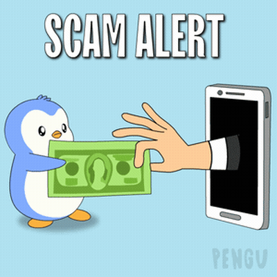 A Penguin Is Holding A Stack Of Money And A Hand Is Coming Out Of A Cell Phone With The Words Scam Alert Written Above GIF