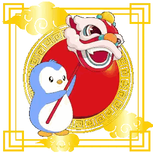 A Penguin Is Holding A Stick In Front Of A Lion Dance Mask Sticker