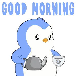 A Penguin Is Holding A Teapot And A Cup Of Coffee With The Words " Good Morning " Above It Sticker
