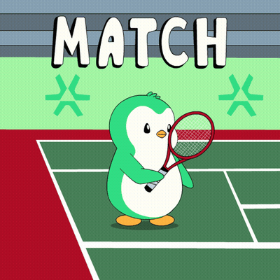 A Penguin Is Holding A Tennis Racquet On A Tennis Court With The Word Match Above Him GIF