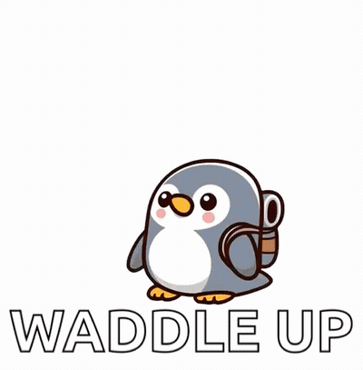 A Penguin Is Holding A Torch With Flames Coming Out Of It And The Words Waddle Up Behind It GIF