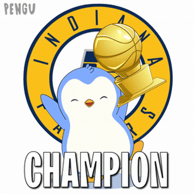 A Penguin Is Holding A Trophy In Front Of A Logo That Says Indiana Pacers GIF
