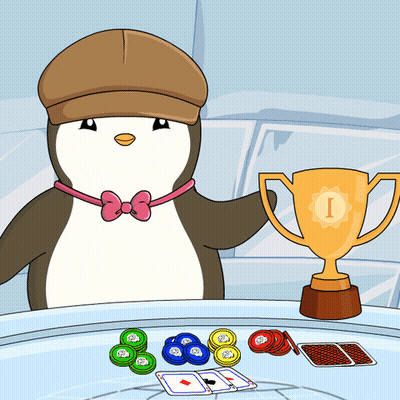 A Penguin Is Holding A Trophy That Has The Letter I On It GIF