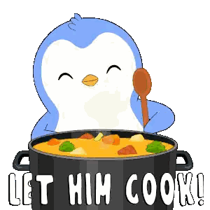A Penguin Is Holding A Wooden Spoon Over A Pot Of Soup With The Words Let Him Cook Written Below It Sticker