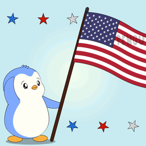A Penguin Is Holding An American Flag In Front Of A Blue Sky GIF