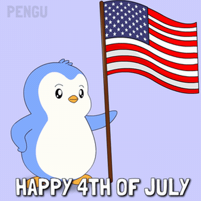 A Penguin Is Holding An American Flag With The Words Happy 4Th Of July Below It GIF