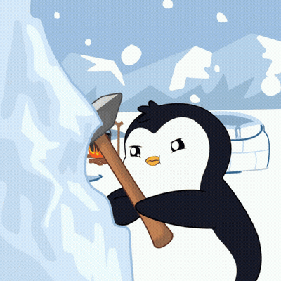 A Penguin Is Holding An Axe In Front Of A Snowy Mountain GIF
