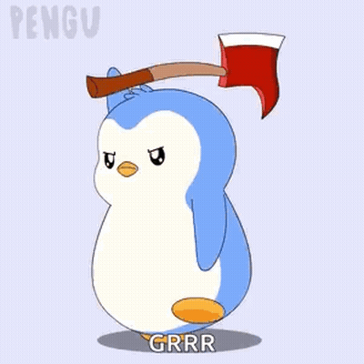 A Penguin Is Holding An Axe On Its Head And Saying Grrr . GIF