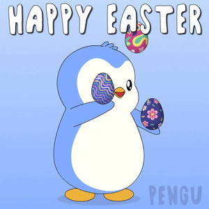 A Penguin Is Holding An Easter Egg With The Words Happy Easter Written Above It GIF